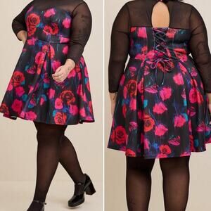 Torrid Scuba Flare Dress - Corset Back Sheer Illusion Neck Long Sleeve Floral 2X